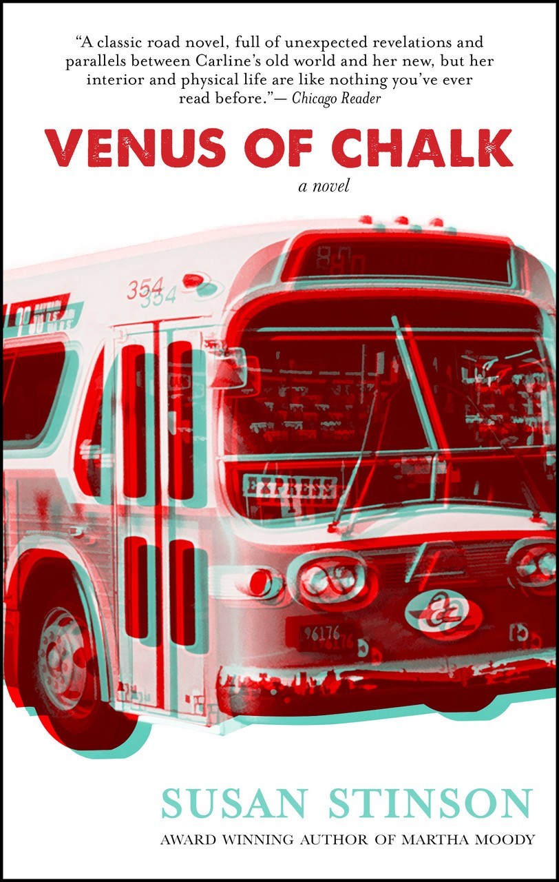 White cover red type. VENUS of Chalk. Susan Stinson in Blue. Red photo of the front of a city bus. 